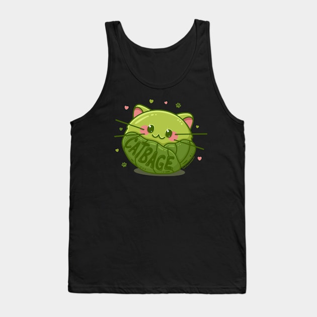 Cute Kawaii Catbage Cat+Cabbage Pun Tank Top by CyndiCarlson